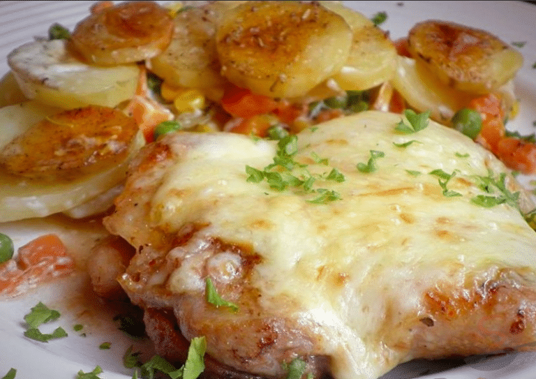 Hähnchenfleisch mit Räucherkäse, Sahnekartoffeln und Gemüse überbacken
