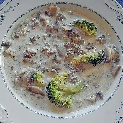 Brokkoli – Käsesuppe mit Hackfleisch und Pilzen