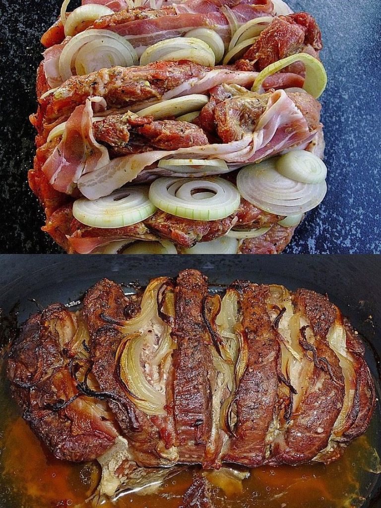 Gefüllter Nackenbraten, ein “Männerrezept” mit viel Fleisch und Zwiebeln!