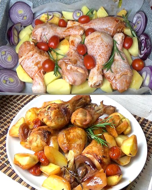Gebackenes Huhn und Kartoffeln: das Rezept für die Zubereitung einer schmackhaften und vollständigen Mahlzeit
