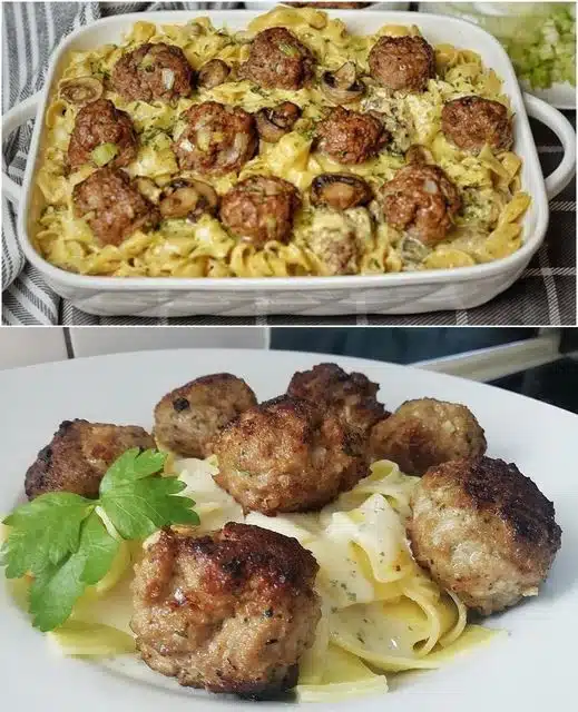 Nudeln mit Pilzsoße und Hackbällchen