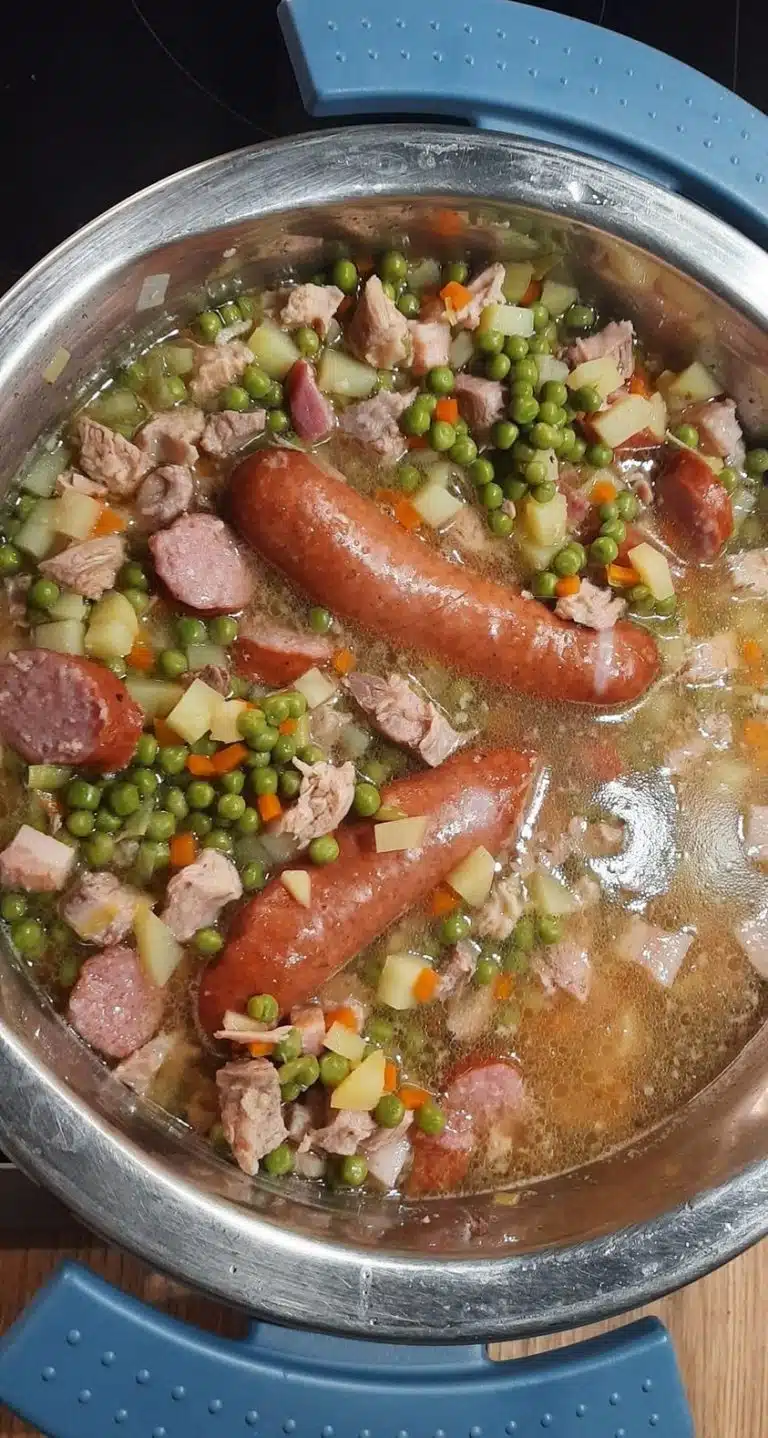Erbsensuppe mit Gelderländer Speck, Mettenden, geschälten Rippchen, Kartoffeln, Erbsen, Knoblauch und Gemüsesuppe