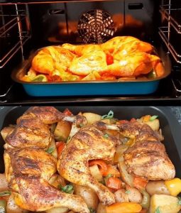 Hähnchenschenkel mit Ofen-Schmand-Gemüse