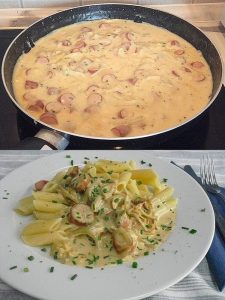 Würstchen-Senf-Gulasch mit Penne