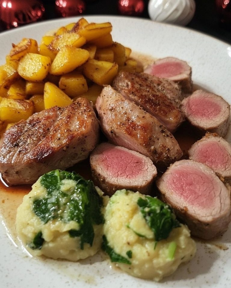 Schweinefilet auf Süßkartoffelpüree mit Lebkuchenjus und Rosenkohl