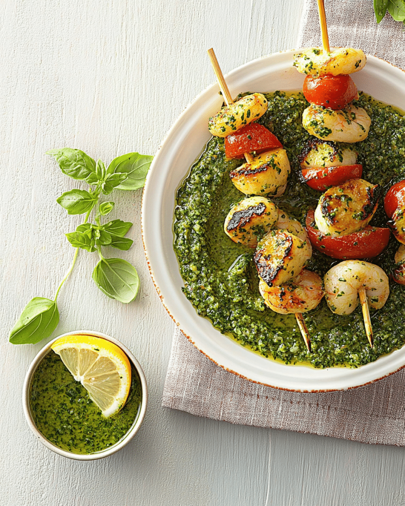 Garnelenspieße mit Gemüse und Basilikum-Zitronen-Pesto: Ein Leichtes und Aromatisches Grillgericht