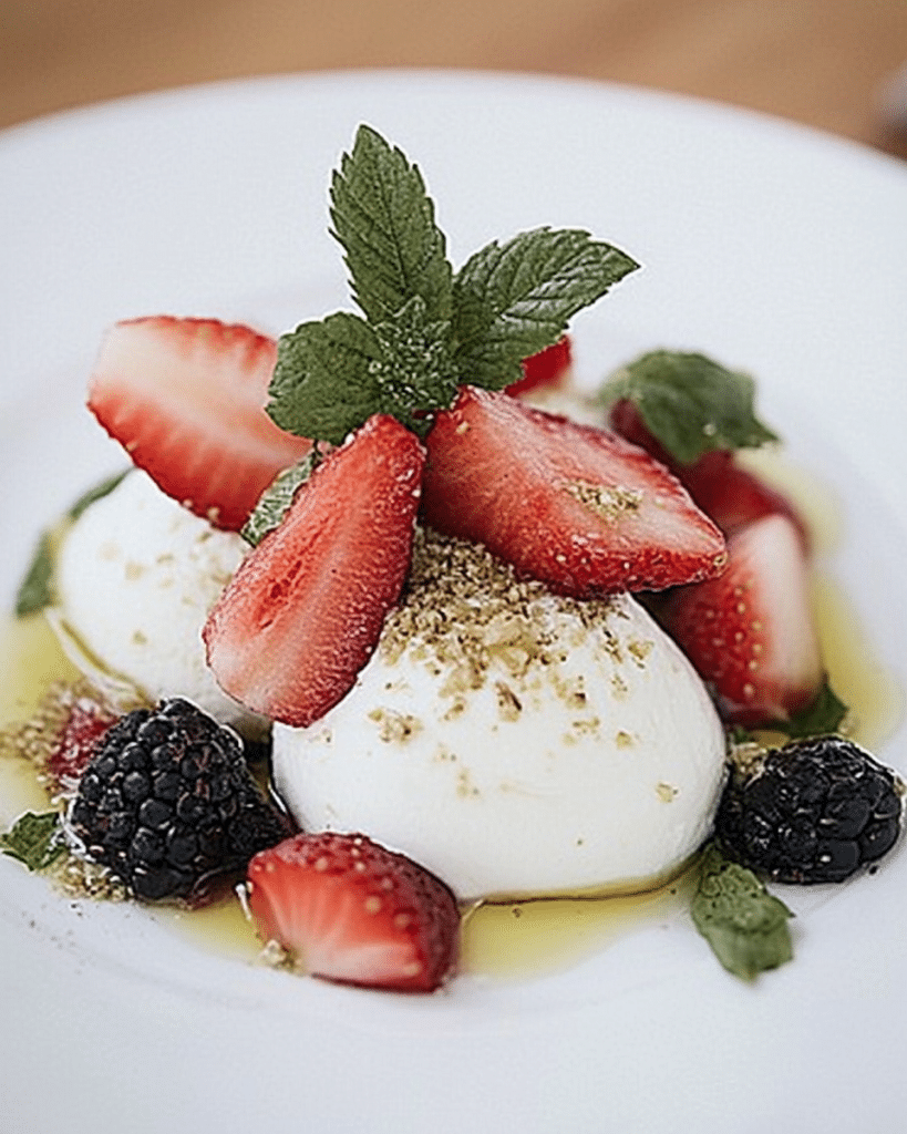 Buttermilchmousse mit Erdbeeren und Nusspesto