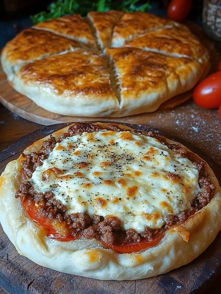 Fladenbrot mit Hackfleisch aus dem Backofen