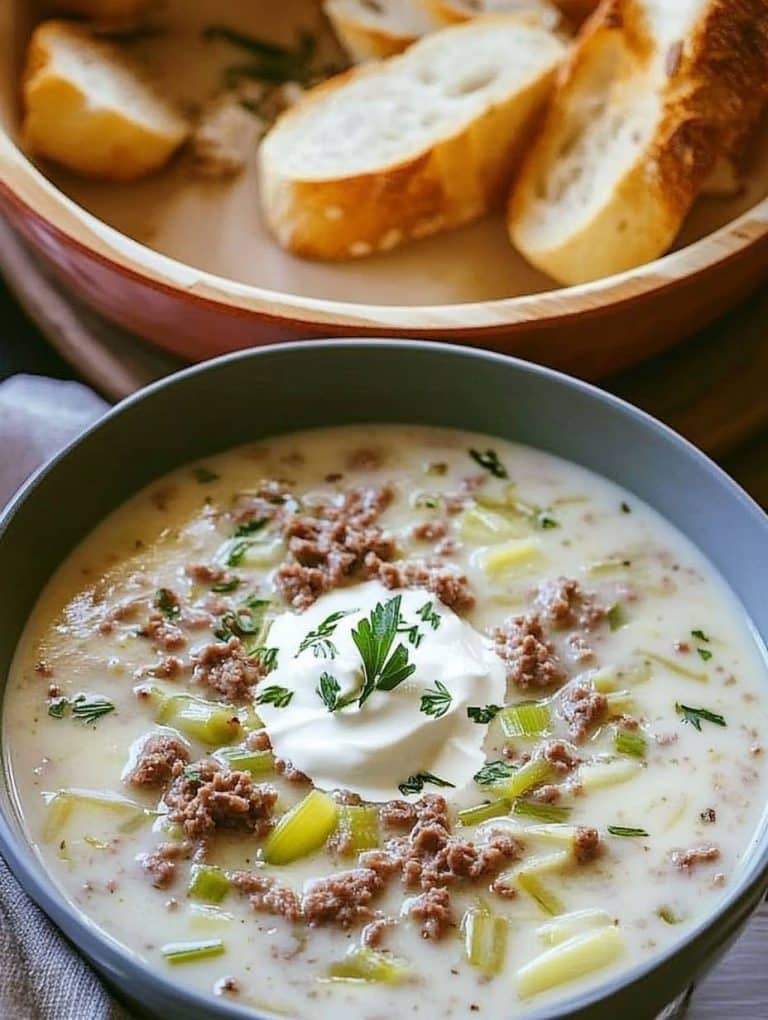 Käse-Lauch-Suppe mit Hackfleisch