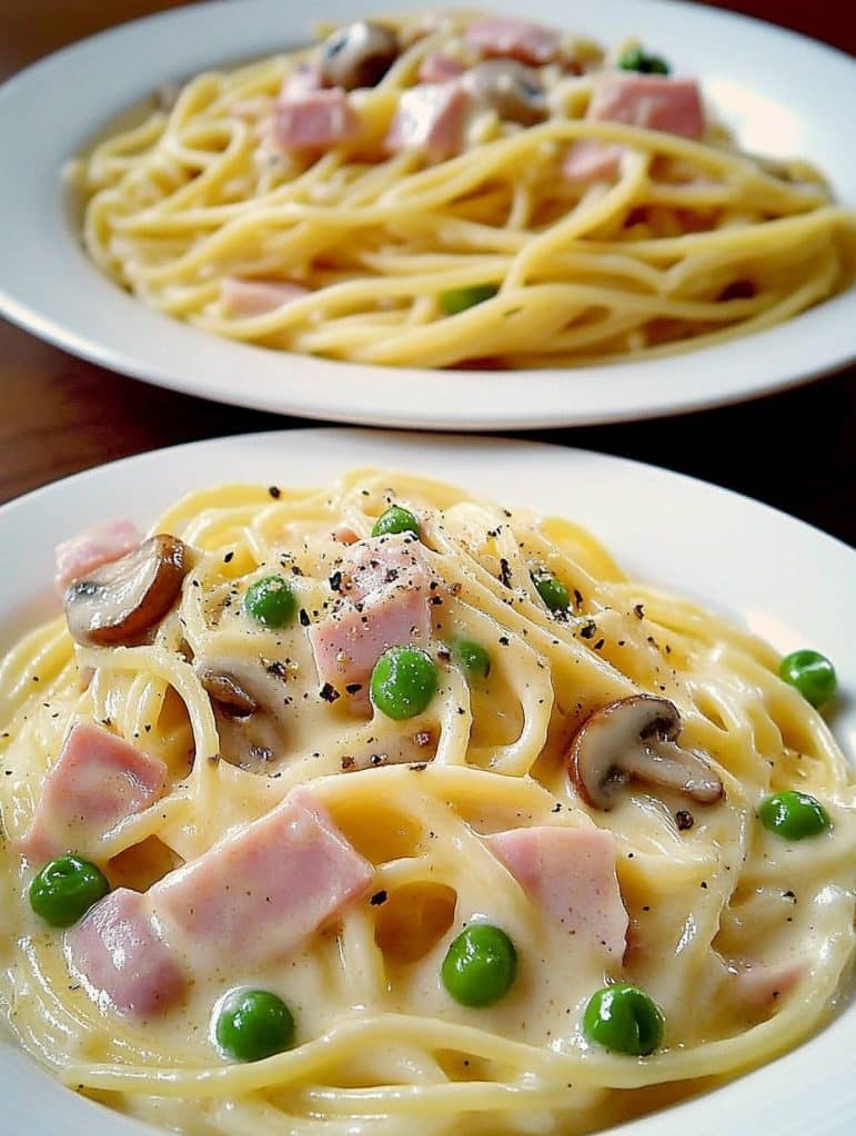 Spaghetti in Käse-Sahnesoße mit Schinken & Pilzen