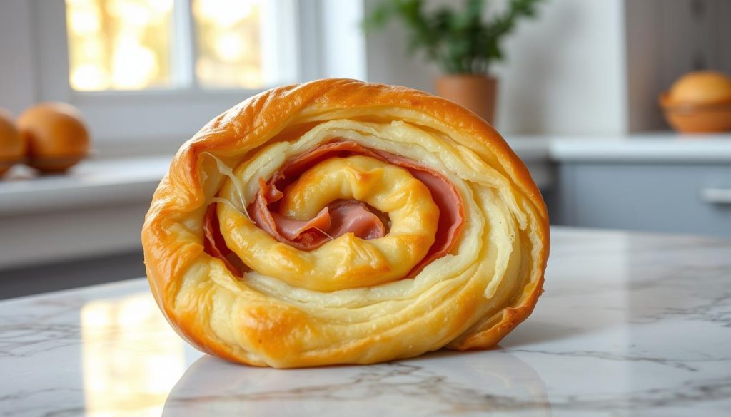 A delectable spiral of buttery puff pastry, filled with savory ham and melted cheese. Sit atop a gleaming marble surface, illuminated by soft natural light filtering through a nearby window. The crisp golden-brown crust contrasts with the luscious, gooey interior, enticing the viewer to take a bite. Capture the appetizing aroma and inviting texture of this homemade "Gefüllter Blätterteigstrudel" in a detailed, realistic rendering. Showcase this classic German delicacy in all its tempting glory, ready to be savored as the star ingredient in a delightful culinary spread.