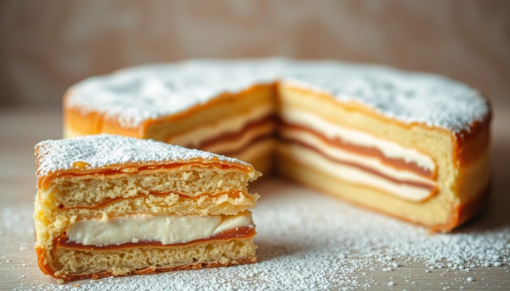 A delicately layered Dresdner Backware known as Tränchenkuchen, presented in a warm, soft-focus composition. In the foreground, a slice reveals the rich, creamy quark filling, accented with a dusting of powdered sugar. The middle ground showcases the cake's tender, golden crust, highlighted by even, natural lighting from an unseen source. The background gently fades into a subtly textured, neutral backdrop, allowing the cake to take center stage. The overall mood is one of homespun comfort and old-world craftsmanship, inviting the viewer to imagine the comforting aroma and satisfying texture of this beloved German pastry.