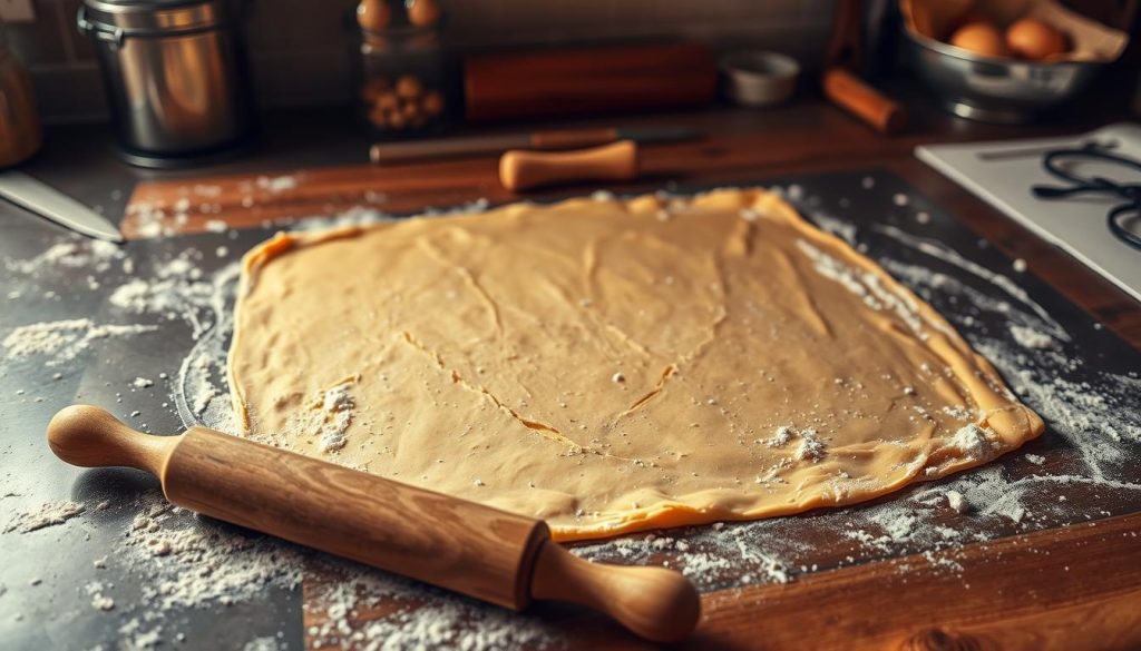 A neatly organized kitchen counter with a large slab of golden-brown puff pastry dough laid out. The dough is lightly dusted with flour, ready to be rolled and shaped. In the foreground, a rolling pin, a sharp knife, and a few kitchen tools sit next to the dough, suggesting the step-by-step process of preparing the puff pastry. Warm, soft lighting from above casts a cozy glow, highlighting the delicate layers and flaky texture of the dough. The scene conveys a sense of culinary focus and attention to detail, inviting the viewer to imagine the satisfying steps of crafting the perfect puff pastry for a delicious strudel filling.
