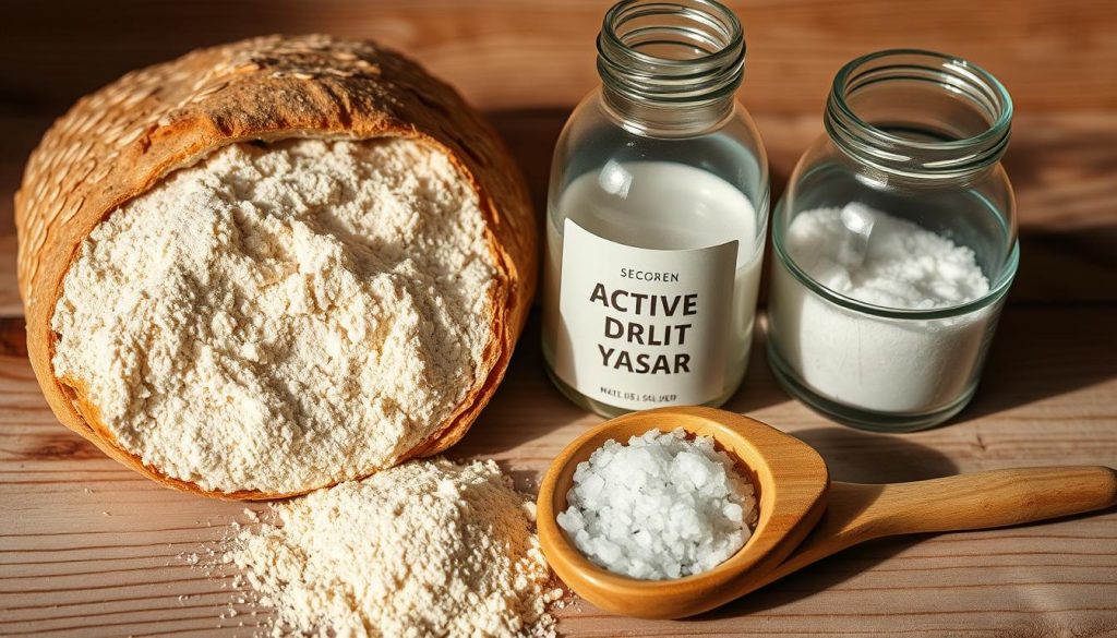 High-quality close-up shot of natural ingredients for homemade bread, including freshly milled whole wheat flour, active dry yeast, warm water, coarse sea salt, and a wooden spoon. Soft, natural lighting illuminates the rustic textures and earthy tones, creating a warm, inviting atmosphere. The arrangement is composed thoughtfully, with the ingredients neatly organized on a simple wooden background, emphasizing the simplicity and quality of the essential components for baking traditional homemade bread.
