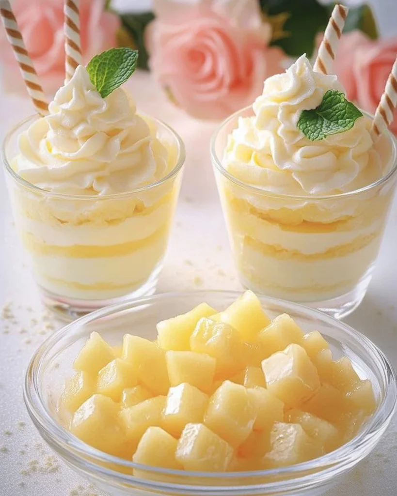 Ananascreme Dessert mit frischen Ananasstücken und Sahne
