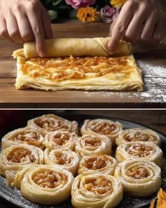 Leckeres Apfel-Blätterteig-Dessert auf einem Teller serviert