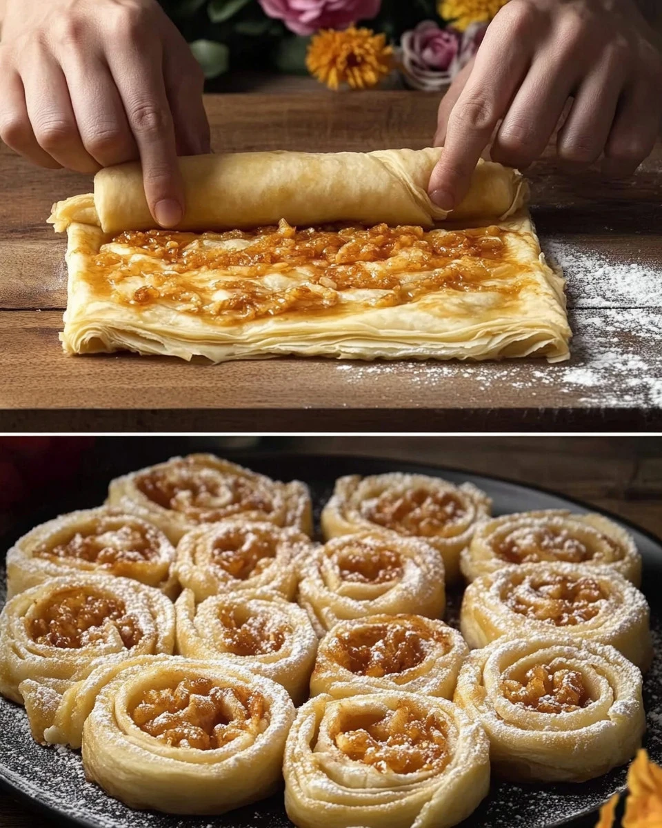 Leckeres Apfel-Blätterteig-Dessert auf einem Teller serviert