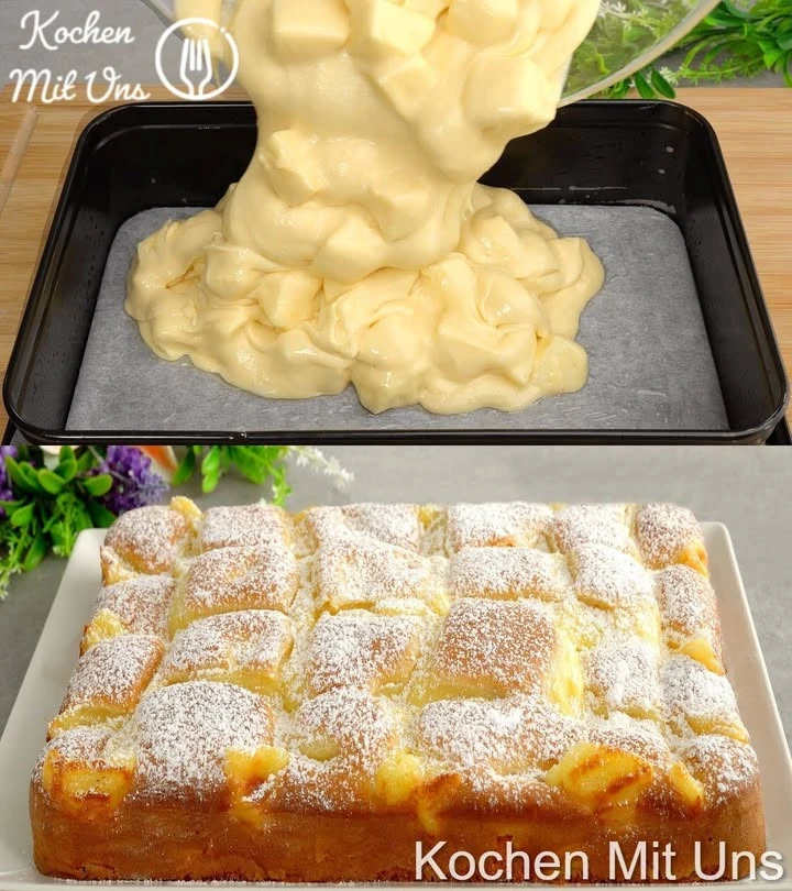 Ein saftiger Apfelkuchen mit Vanillepudding, dekoriert mit frischen Äpfeln.