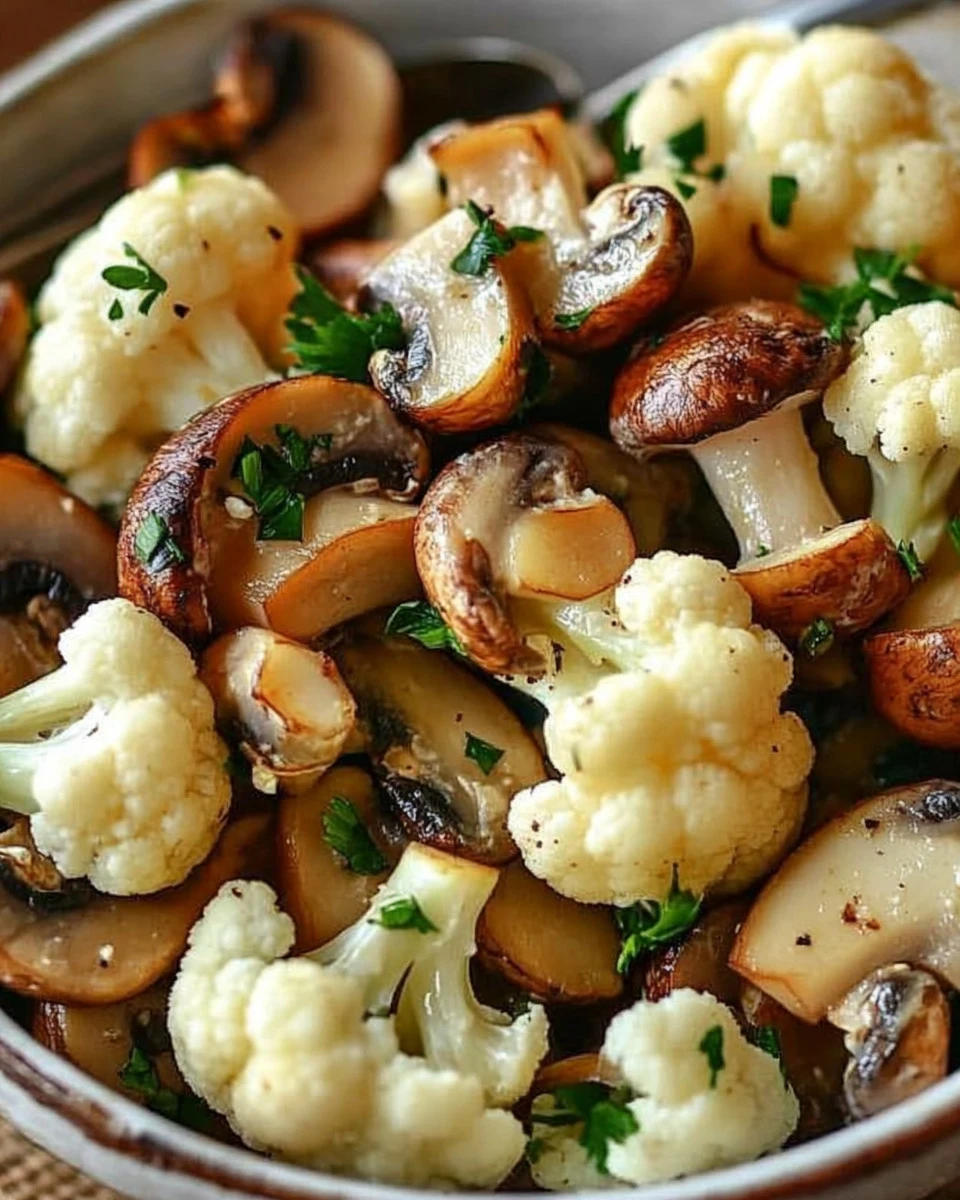Blumenkohl Pfanne mit Champignons und Knoblauch auf einem Teller