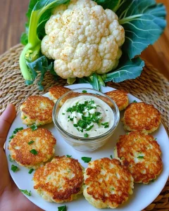 Leckere Blumenkohl Frikadellen auf einem Teller serviert.