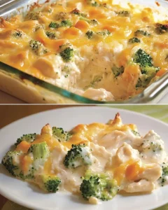 Brokkoli Hähnchenfilets in Käsesauce, überbacken auf einem Teller