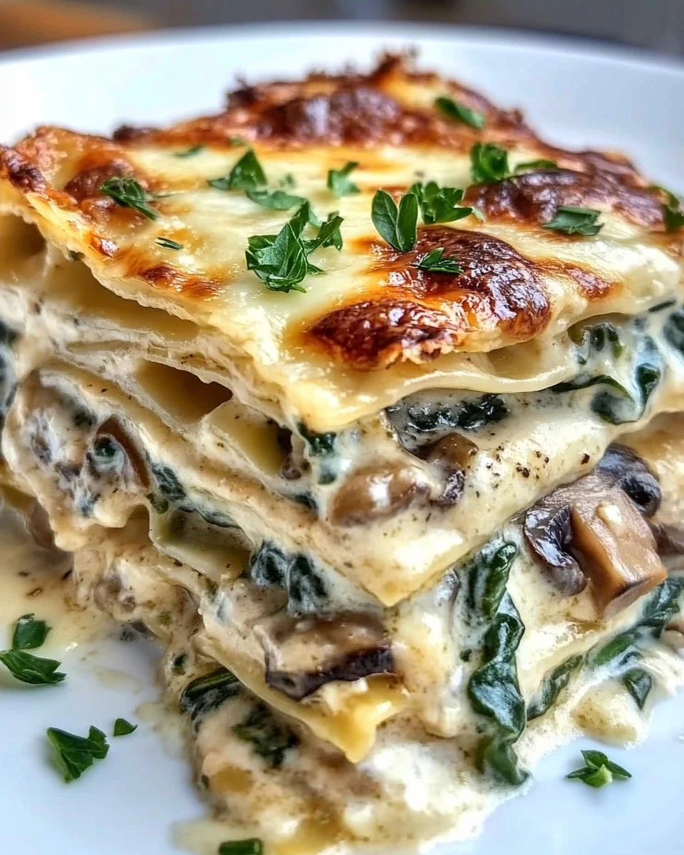 Cremige Lasagne mit Spinat und Champignons auf einem Teller serviert