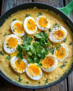 Eier in Senfsauce serviert auf einem Teller mit frischen Kräutern