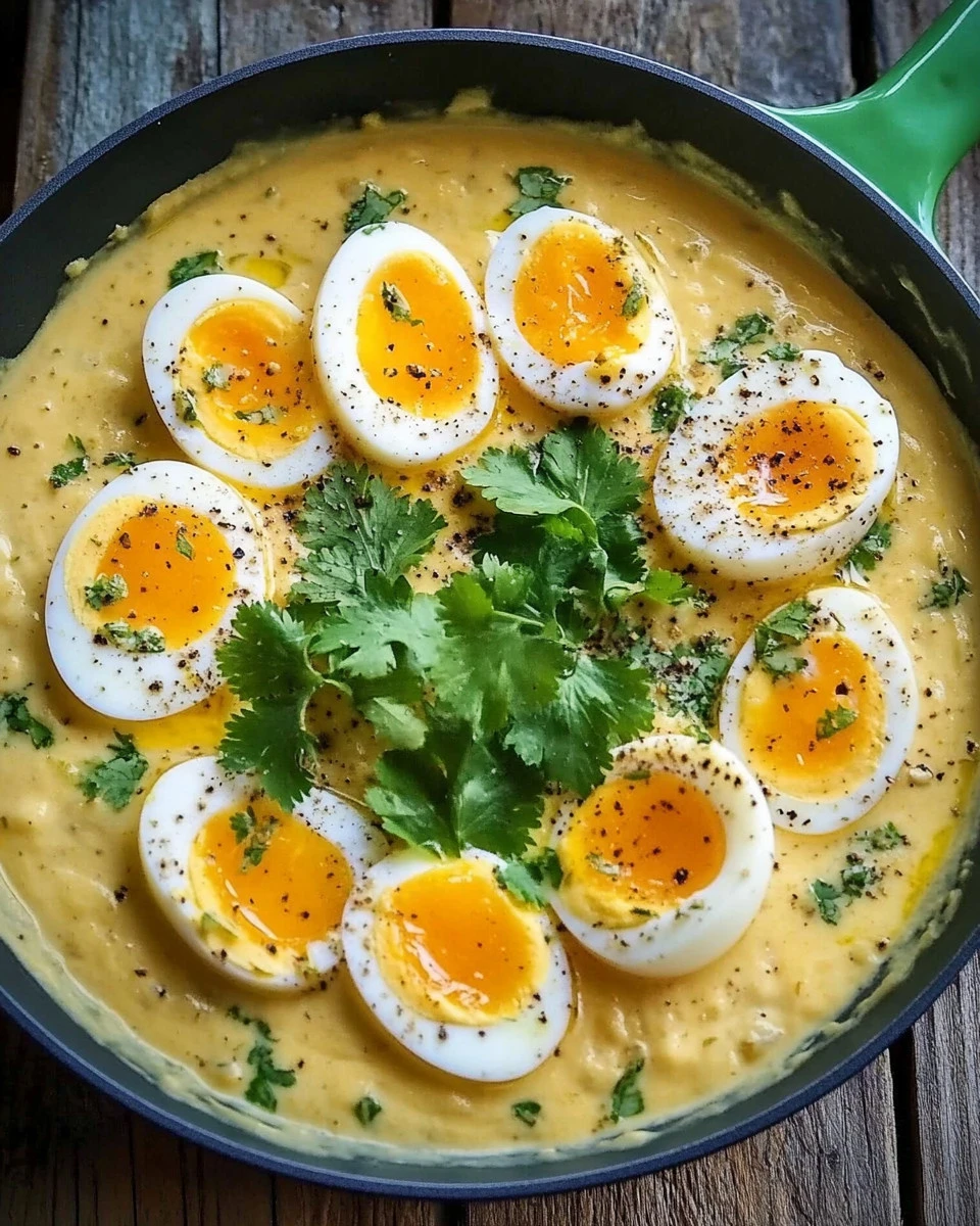 Eier in Senfsauce serviert auf einem Teller mit frischen Kräutern