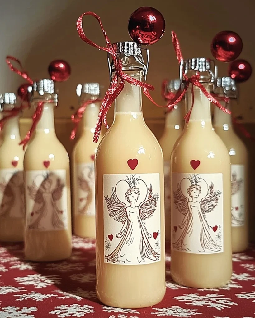 Flasche Engelchenlikör mit süßem Geschmack auf einem Holztisch