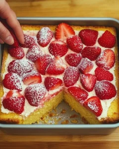 Ein appetitlicher Erdbeer Biskuitkuchen mit frischen Erdbeeren und Sahne