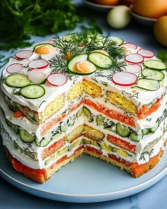 Festliche Sandwichtorte auf einem dekorativen Tisch für Feiern