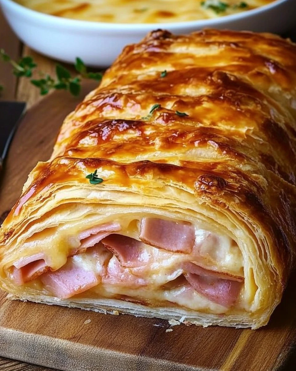 Gefüllter Blätterteigstrudel mit Schinken und Käse auf einem Teller