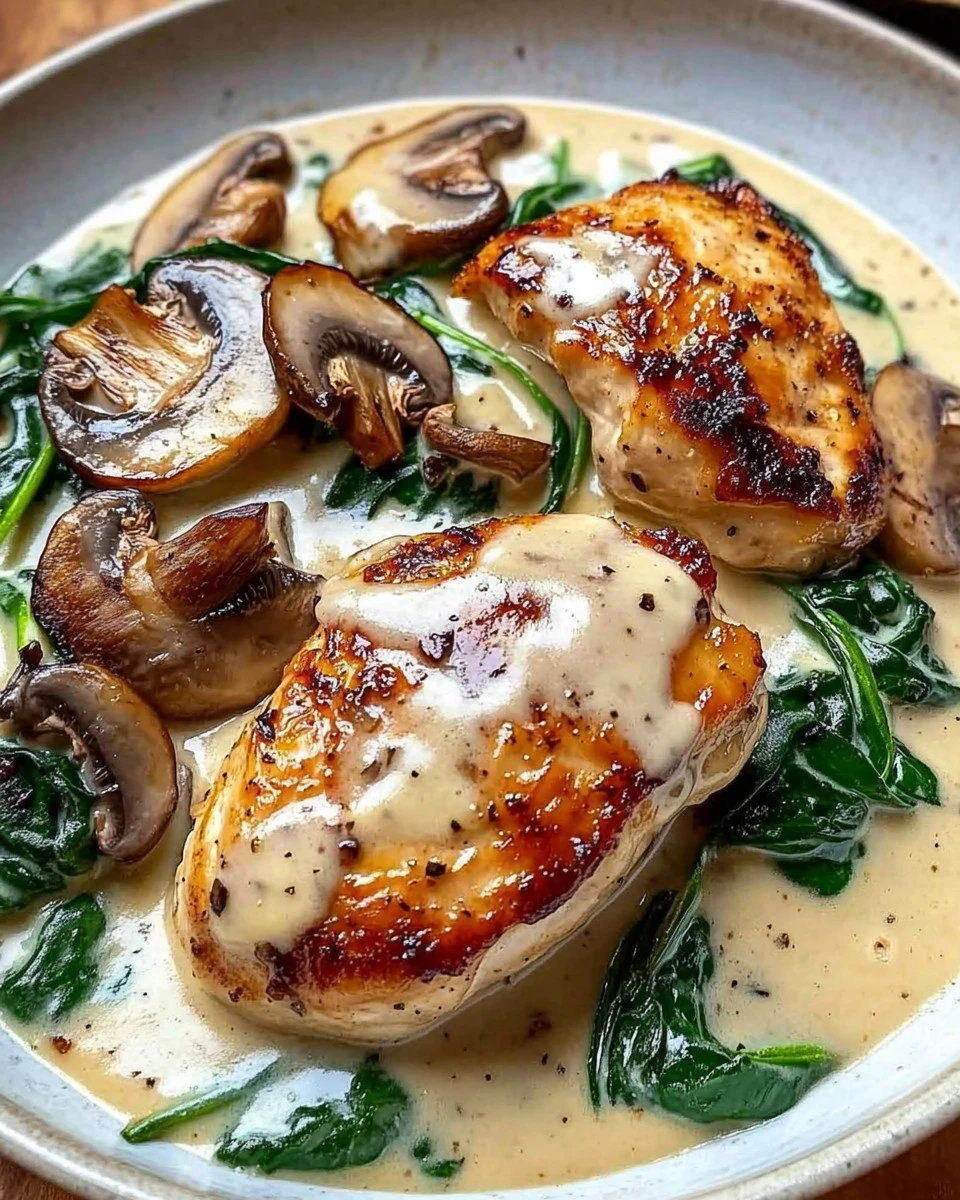 Hähnchen in cremiger Spinat Parmesansoße auf einem Teller serviert