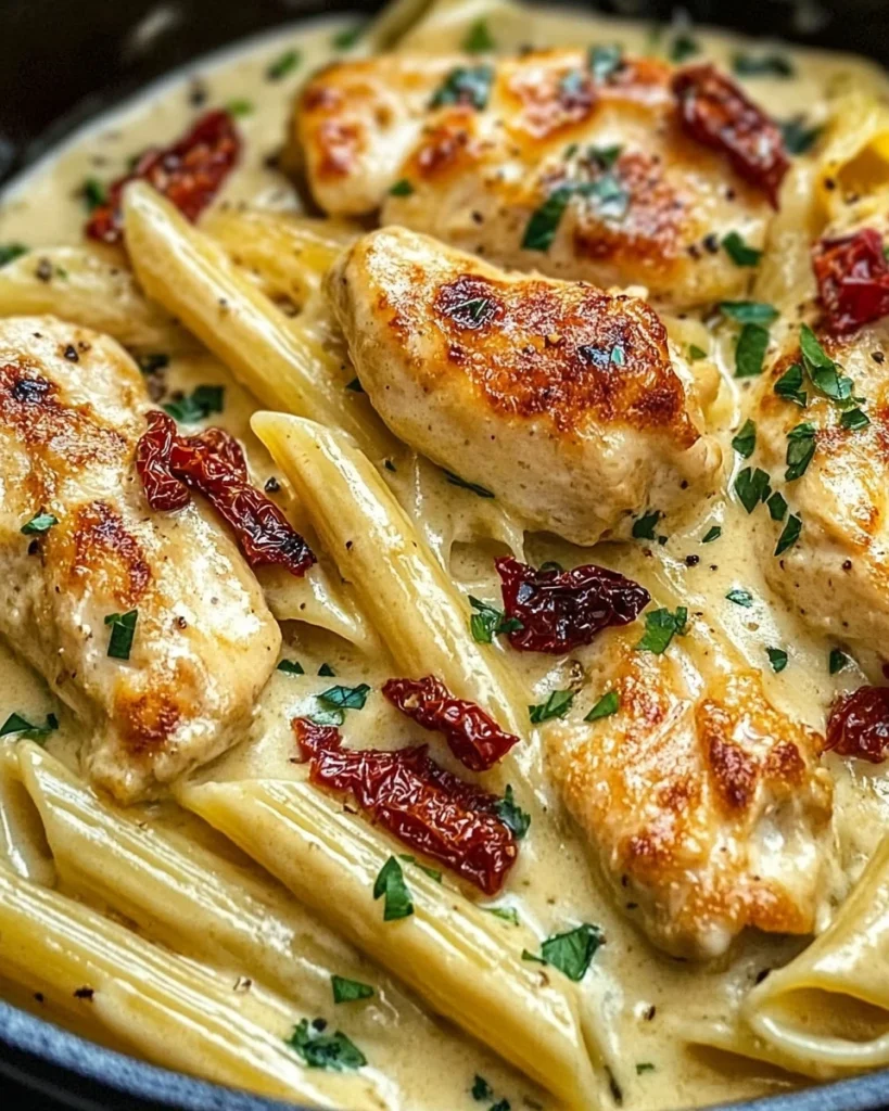 Hähnchen-Pasta mit cremiger Knoblauch-Parmesansauce