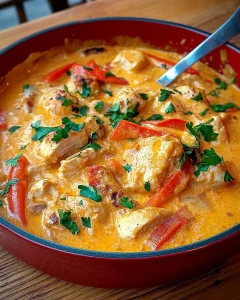 Hähnchen Stroganoff serviert mit Reis und frischen Kräutern