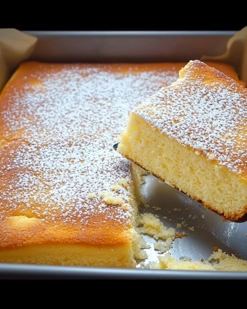 Heißer Milchkuchen frisch aus dem Ofen, serviert mit Sahne und Obst.