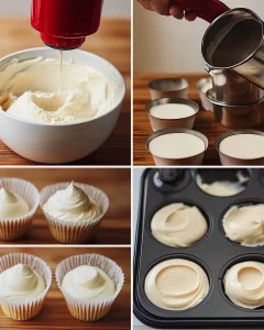 Käsekuchen Muffins mit Vanillepudding auf einem Tablett