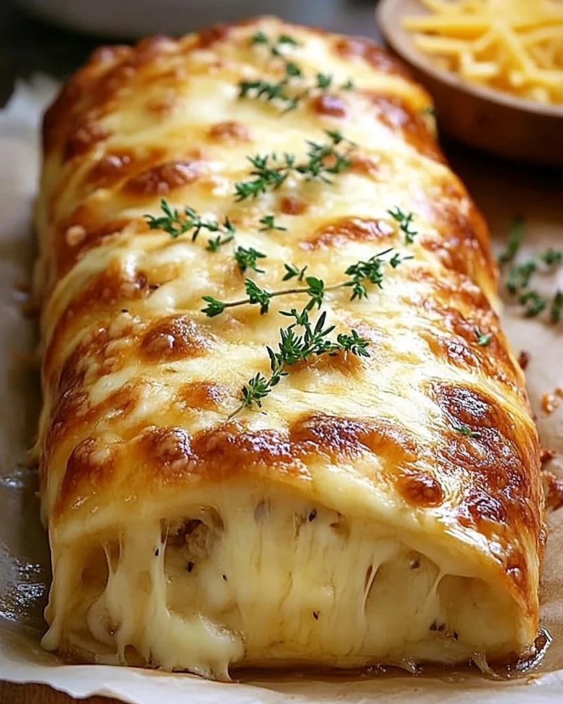 Leckere Käserolle mit Hackfleisch auf einem Teller serviert