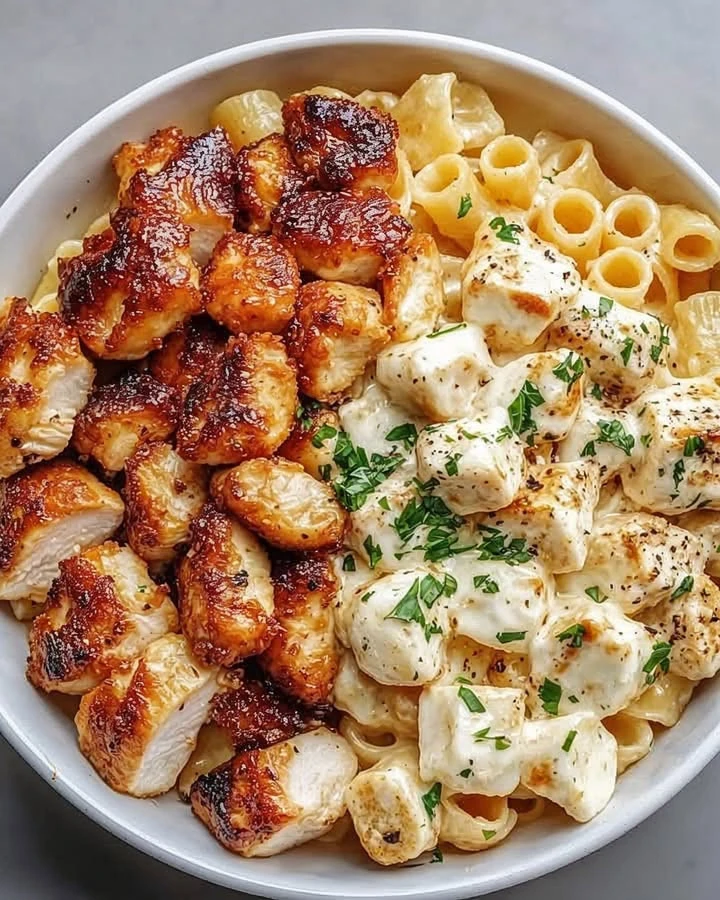 Knoblauchbutter-Hähnchenbissen mit Parmesan-Pasta
