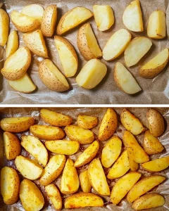 Knusprige Kartoffelspalten auf einem Teller serviert