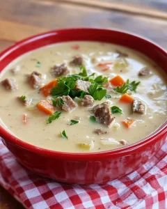 Kohlrabisuppe mit Hackfleisch in einer Schüssel serviert