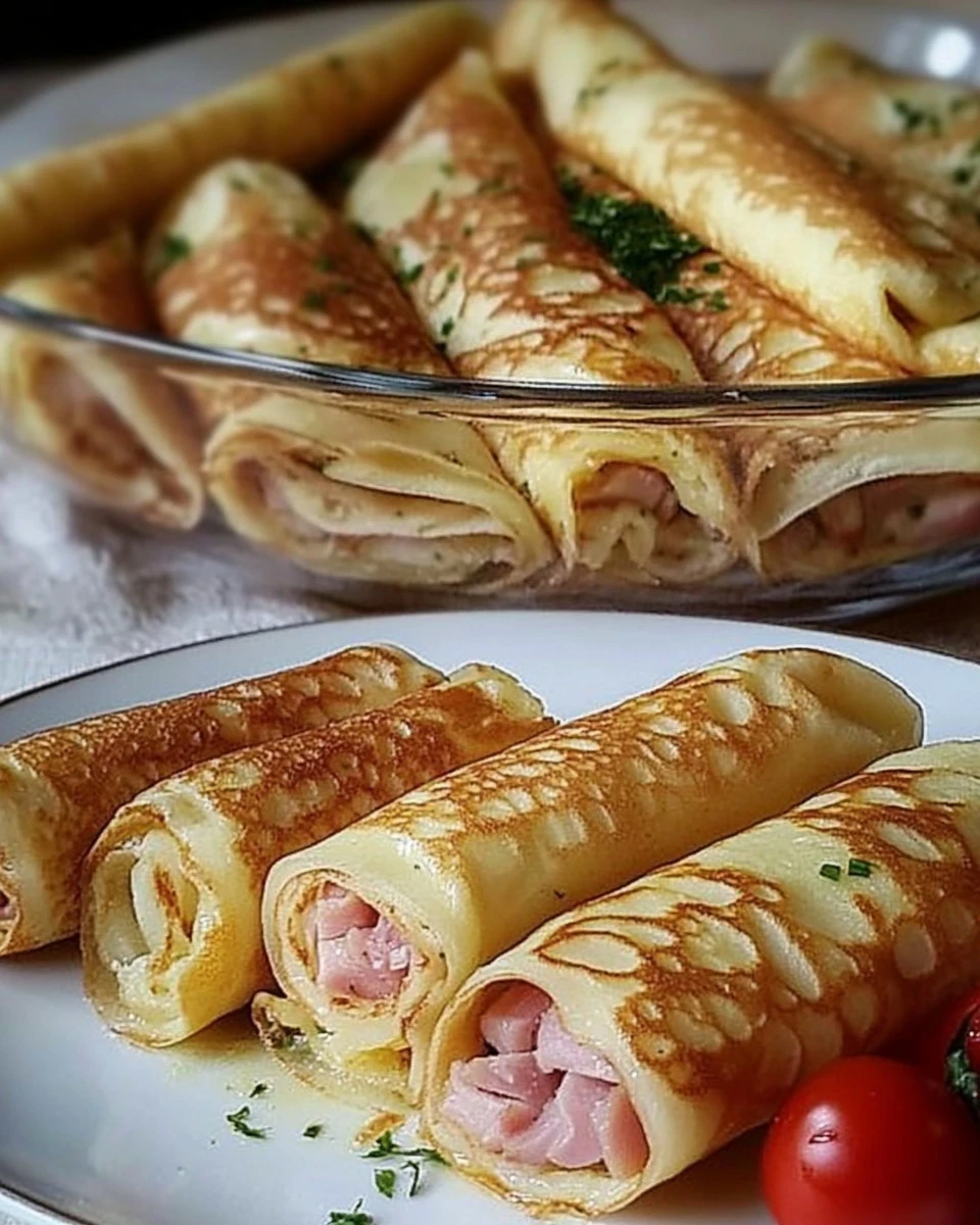 Pfannkuchen mit Schinken und Käse auf einem Teller