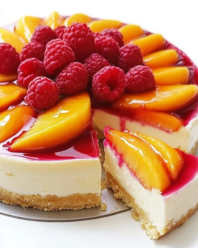 Pfirsich- und Himbeer-Käsekuchen