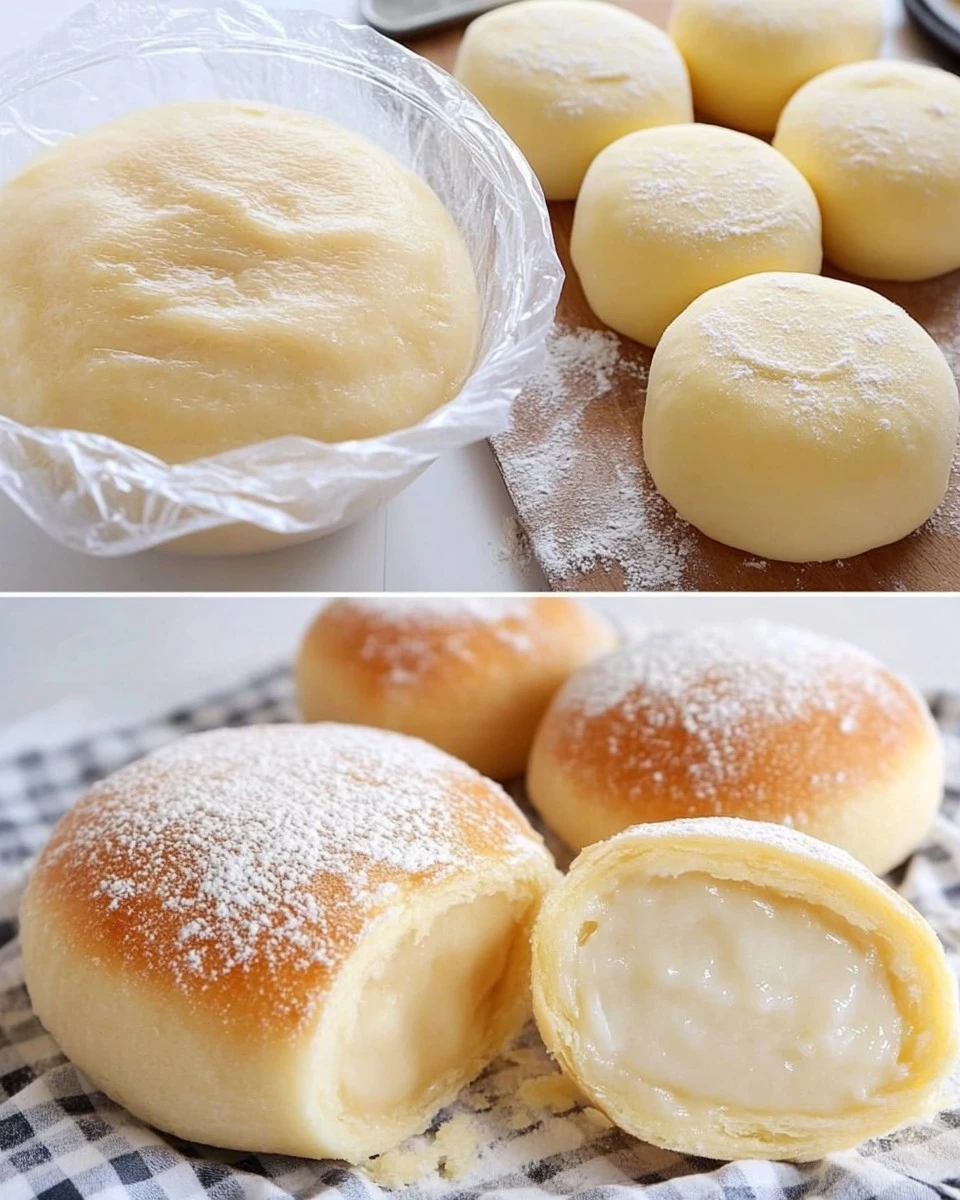 Quarkbällchen serviert mit Vanillepudding auf einem Teller