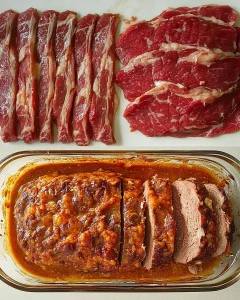 Saftiger Räuberbraten serviert mit Beilagen