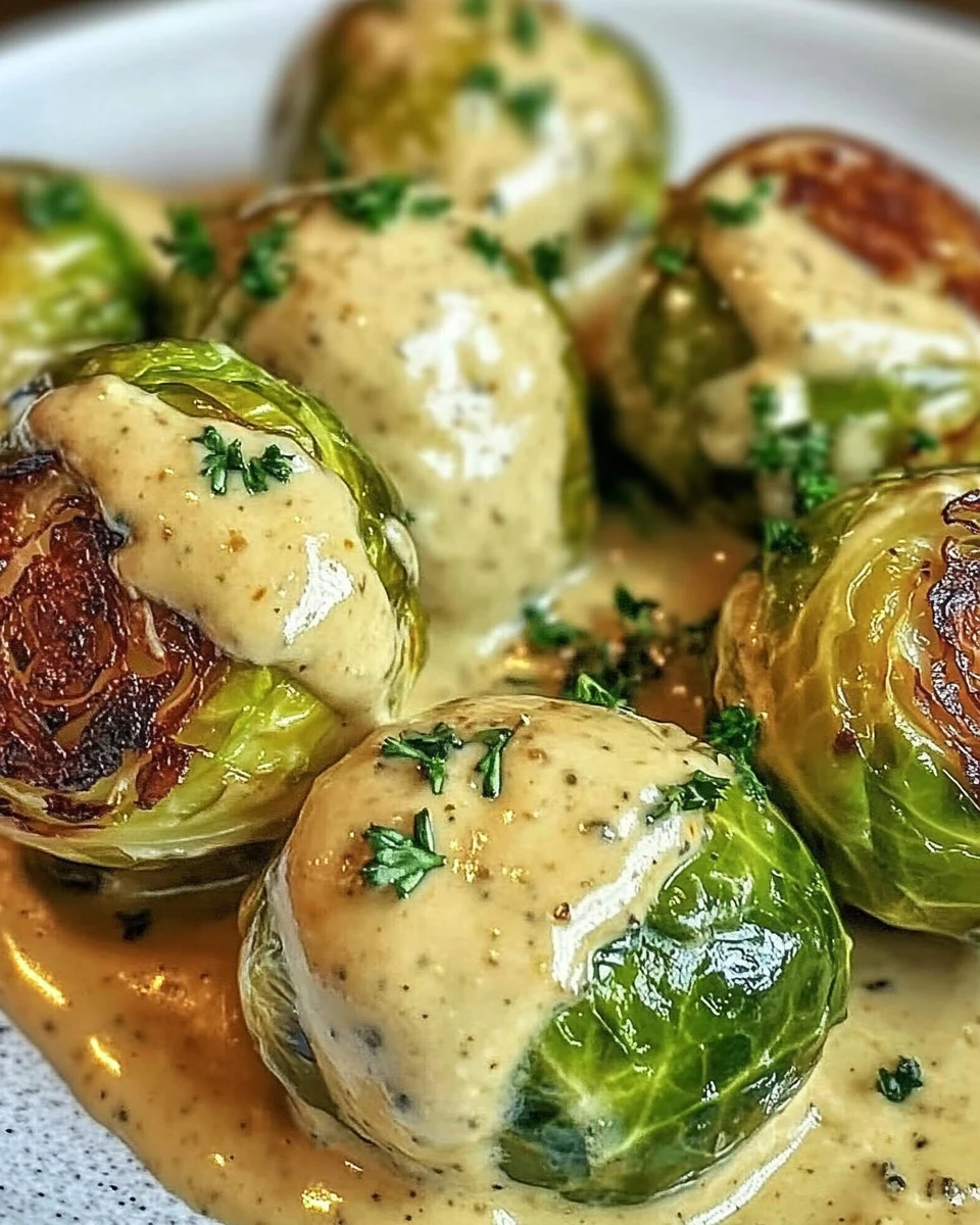 Rosenkohl in Frischkäse Senfsauce serviert auf einem Teller