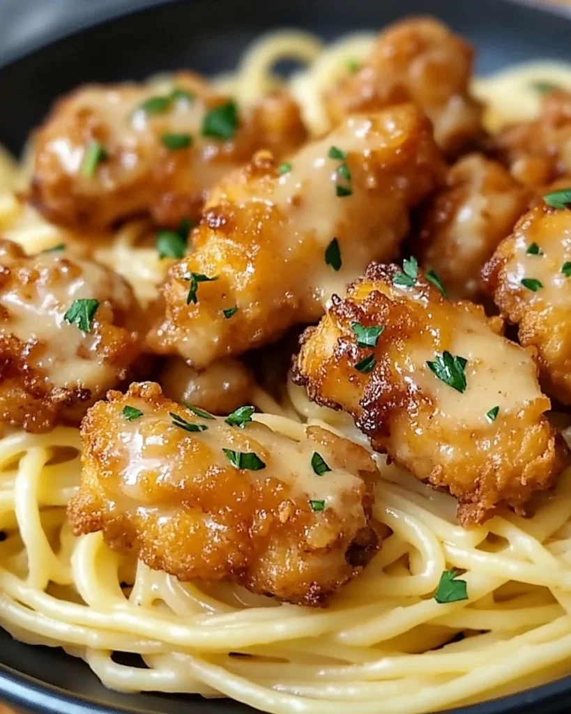 Spaghetti mit Hähnchenfleisch in Parmesan-Knoblauchsauce