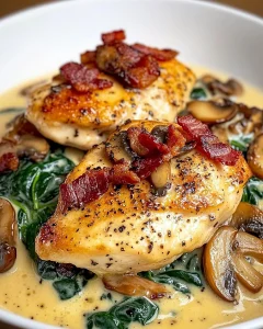 Spinat Hähnchen in Champignons Knoblauchsauce serviert auf einem Teller