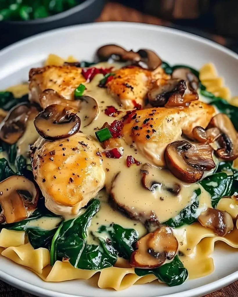 Spinat mit Hähnchenbrust in Knoblauch-Parmesansauce