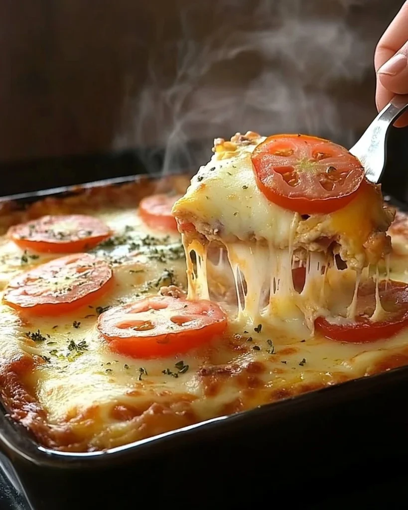 Köstlicher Toast Mozzarella Auflauf aus dem Backofen mit frischem Gemüse